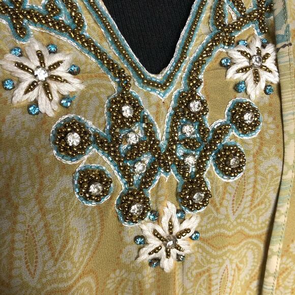 Soft Surroundings yellow orange blue beaded sheer tunic top size Extra Large XL - Picture 8 of 16